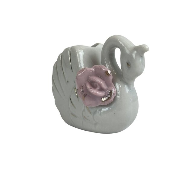 Vintage Mini White Swan Ceramic Planter Trinket Dish Pink Ceramic Roses Japan 2" - Picture 2 of 11
